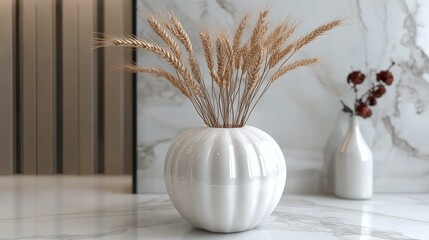 Elegant white vase with dried wheat arrangement on marble table in modern interior