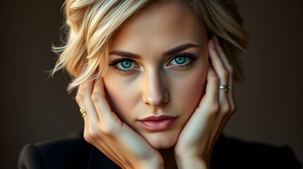 Fototapeta premium Portrait of a woman with striking blue eyes and short blonde hair, presenting an expressive and thoughtful demeanor in a dimly lit setting