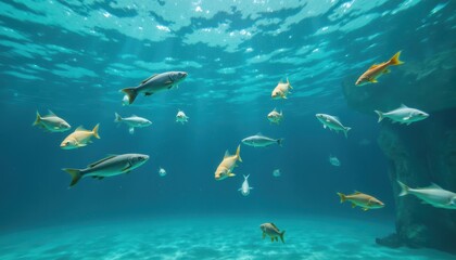 Fototapeta premium Underwater Fish Swimming in a Transparent Aquarium Ocean Environment Marine Life Perspective Serenity Concept