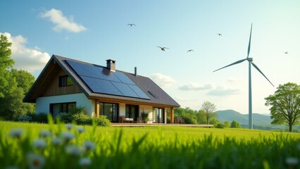 Obraz premium Sustainable House With Solar Panels-Wind Turbine