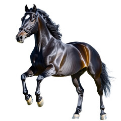 Fototapeta premium Beautiful Black Horse Running Fast with Fluffy Mane and Tail in a Dynamic Pose on a White Background for Equestrian, Animal, and Nature Enthusiast Uses
