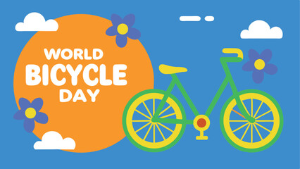World Bicycle Day Green Bicycle and Flower on Blue Background