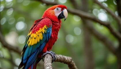 Vibrant macaw perched on branch in lush rainforest showcasing colors and textures wildlife photography nature setting