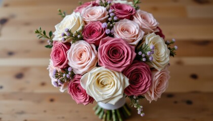 Obraz premium Elegant Wedding Bouquet of Various Colors on Wooden Table Floral Arrangement Natural Environment Top-Down View Celebration
