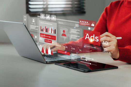 Online sales concept of digital marketing, ad, product ads, promotion of products or services through digital tools. Online advertising concept Internet advertising digital marketing Social media