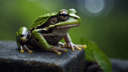 Naklejka premium Green frog with striking golden eyes resting on a stone, showcasing its wet skin and camouflage in nature