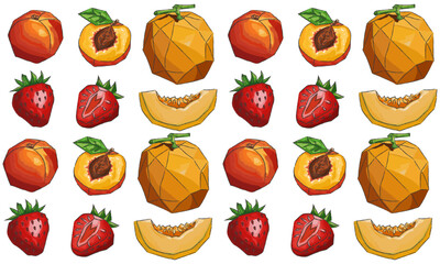 seamless pattern of summer fruits in gouache low poly triangle style – bright peaches, strawberries, melons with cubism texture on white background