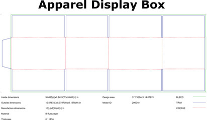 Apparel display box vector template with bleed trim and crease lines