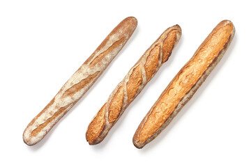 Pattern from fresh baked crunchy french baguette isolated white background