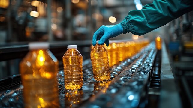Worker in blue gloves handling bottles on a production line in a factory setting