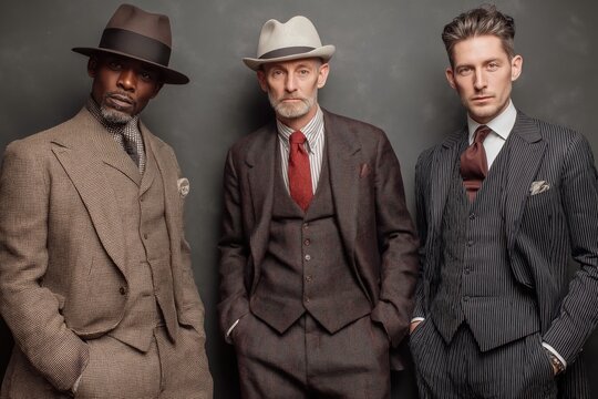 Three dapper men in 1920s suits stand with elegance, capturing historical fashion