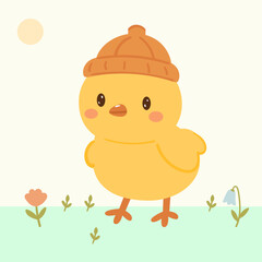 cute kawaii chick with hat. baby yellow bird. simple vector illustration for print, textile or design sticker. chicken little character.