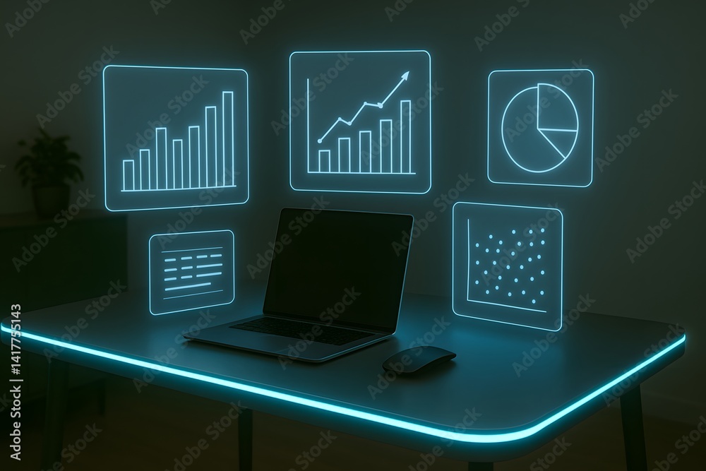Poster Modern Workspace with Holographic Data Visualizations and Laptop