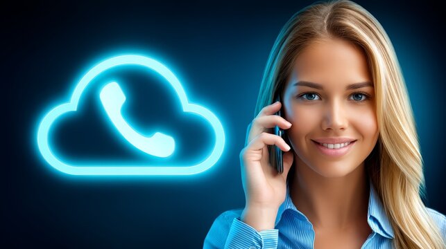 Smiling Woman on Phone with Glowing Cloud and Handset Icon.