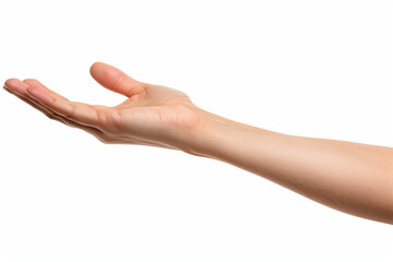 Caucasian arm and hand extended upward with open palm facing up on a white backdrop