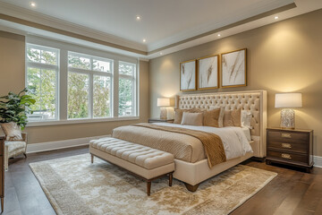 Large bed by a window in a cozy bedroom.