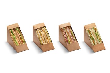 Cut club sandwich in cupboard package isolated on white background