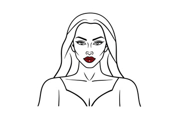 Elegant Woman Portrait Illustration With Red Lips And Black Line Art Style