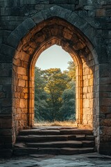 Fototapeta premium Beautiful Archway Leading to Lush Green Forest at Sunset with Warm Natural Light Illuminating Stone Walls