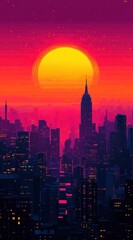 Obraz premium Vibrant Sunset Over Urban Skyline with Iconic Skyscrapers and Colorful Sky Gradient