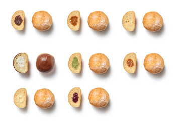 Pattern of tasty sweet donuts with different creamy fillings isolated on white