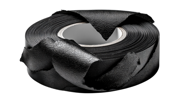 Black Electrical Tape Roll: A close-up shot of a coiled black electrical tape roll, ready for use in various repair and crafting projects.  The tape is partially unraveled.