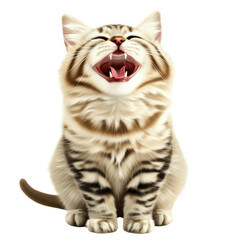 Fototapeta premium Playful adorable small tabby kitten with stripes laughing happily and eyes closed isolated on white background close-up cute feline pet animal