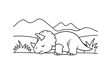Cute Sleeping Triceratops Dinosaur In A Landscape Outlined Illustration Design