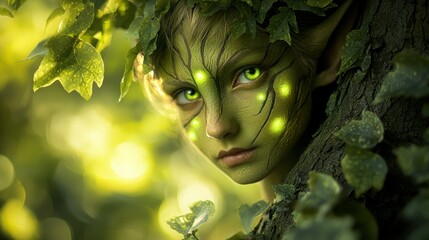 Forest spirit with green skin and glowing eyes peers from behind tree, foliage