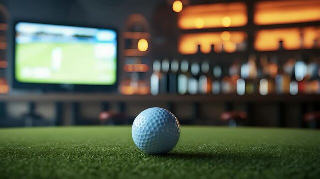 Close-up of Golf Ball on Green Turf with TV Showing Golf Match in Background, Set in a Modern Sports Bar.


