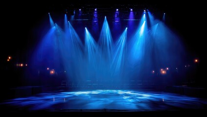 Illuminated stage beams shine at empty theater, backdrop of entertainment venue