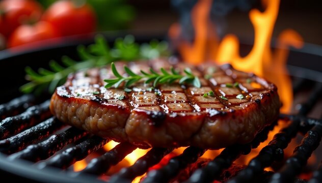 Juicy beef steak sizzling on fiery grill flames, cooking, grilling, flames