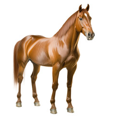 Fototapeta premium Beautiful chestnut horse with shining coat standing on a white background showcasing elegance and strength in a well-groomed stance
