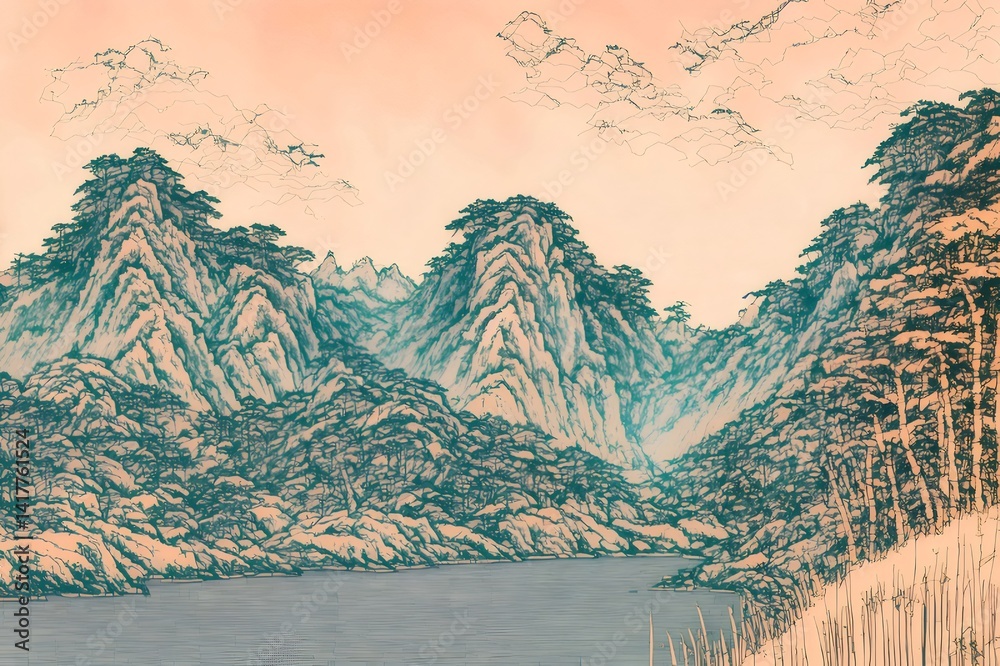 Poster 墨絵スタイルの山々と川の風景 夕暮れ時の穏やかな水面と木々 背景には淡いピンク色の空が広がる