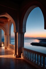 Coastal arches frame a tranquil sunset over the water. Tourism and travel use
