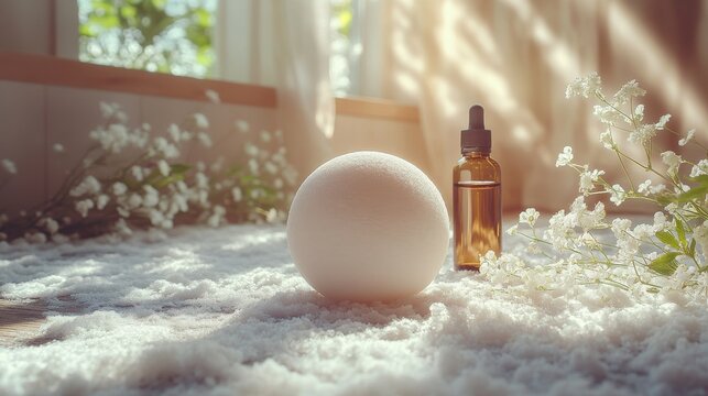 Relaxing bath scene featuring a bath bomb and essential oil bottle surrounded by flowers and sunlight