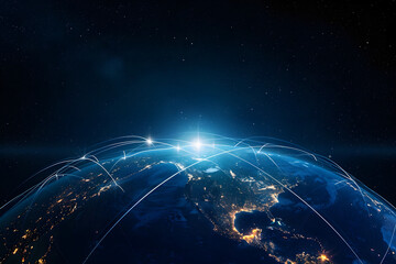 Obraz premium Global network connection. World map point and line composition concept of global business. Vector Illustration, Abstract Network World Map Background