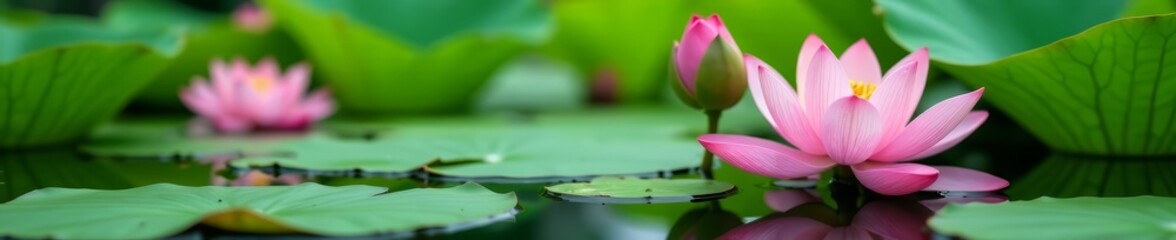 Fototapeta premium Close-up of lotus flower plants surrounded by green leaves in calm lake, zen, beauty in nature