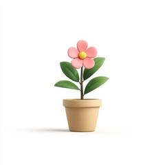 A  flower with pink petals and a yellow center in a beige pot on a white background