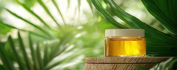 Skincare oil jar mockup glowing amongst natural green leaves serene environment low angle