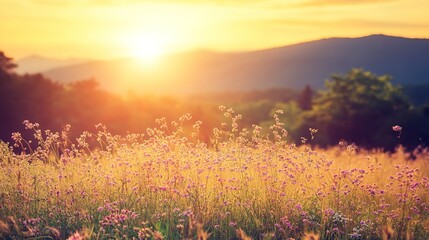 Golden hour serenity: a breathtaking sunset paints a field of wildflowers with warm, soft light, creating a peaceful and tranquil landscape.