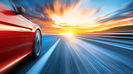 Red Sports Car on Highway at Sunset with Motion Blur