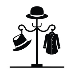 Hat and Coat Rack Silhouette Vector Illustration on White Background