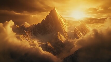 Golden Majesty: A sun-kissed mountain peak piercing a sea of clouds, bathed in warm, ethereal light.