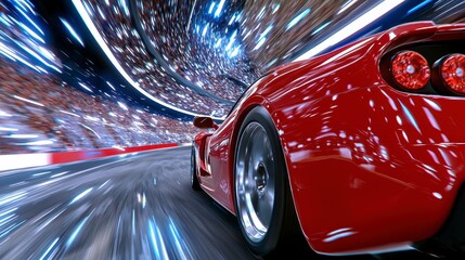 Red Sports Car Racing at Night with Motion Blur