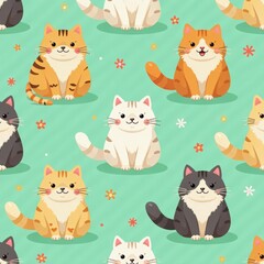 Seamless pattern of adorable cartoon cats with colorful backgrounds, design, wallpaper, cute