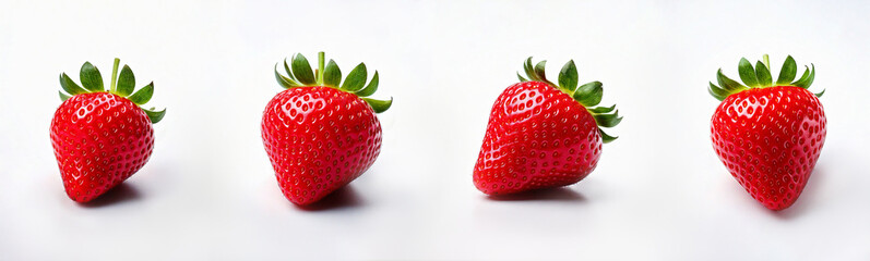 three strawberries on a white background with shadows
