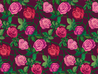Roses. Seamless pattern on a dark background. Vector botanical ornament of intertwined rose stalks, pink flowers and green leaves