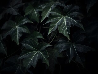 Dark ivy leaves with white veins, deep shadows, high detail, moody botanical photography, nature texture