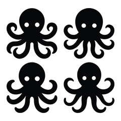 Four Simple Black Octopus Silhouettes on White Background